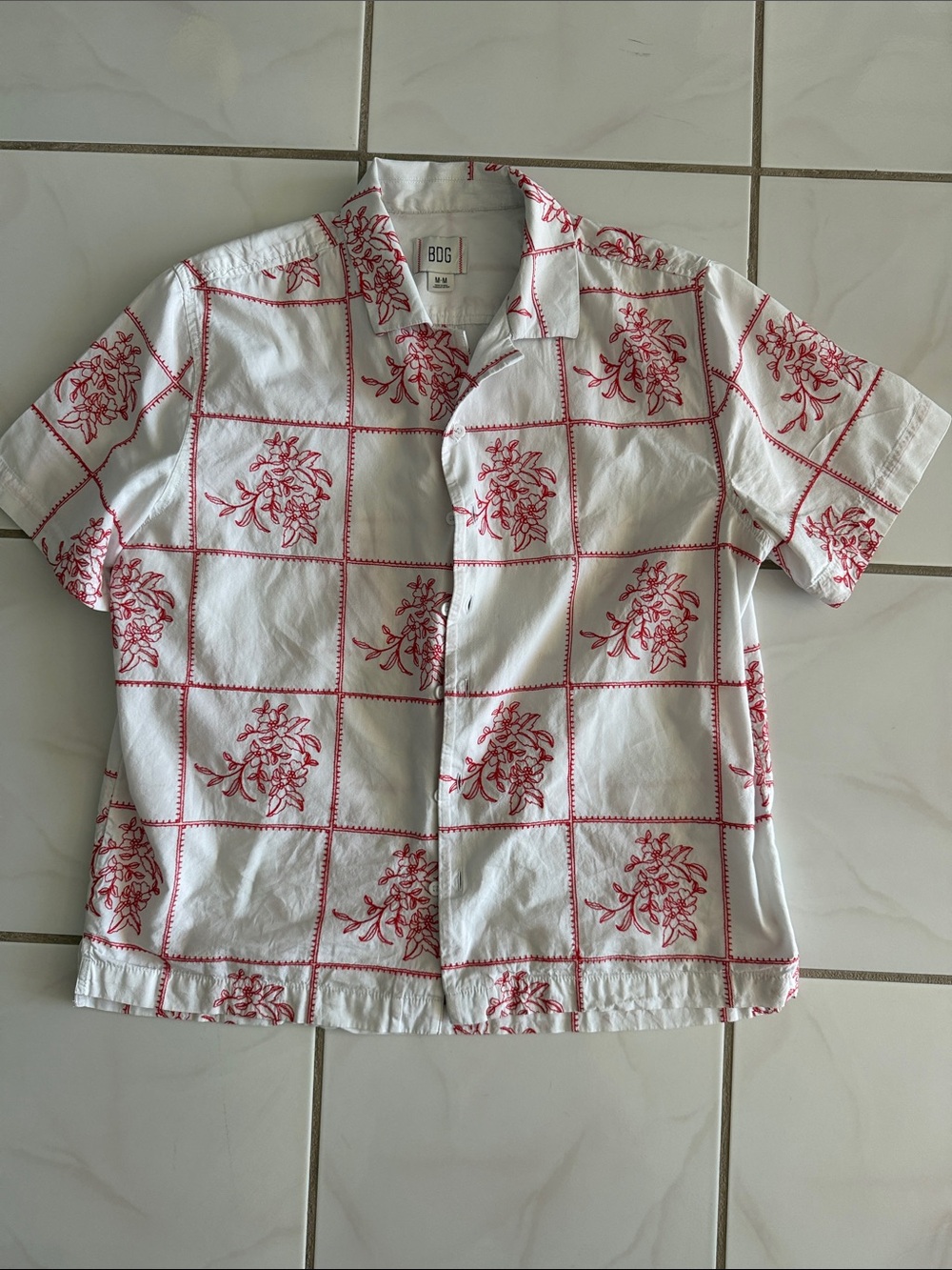 BDG White Short-Sleeve Button-Down Shirt with Red Floral embroidered Grid